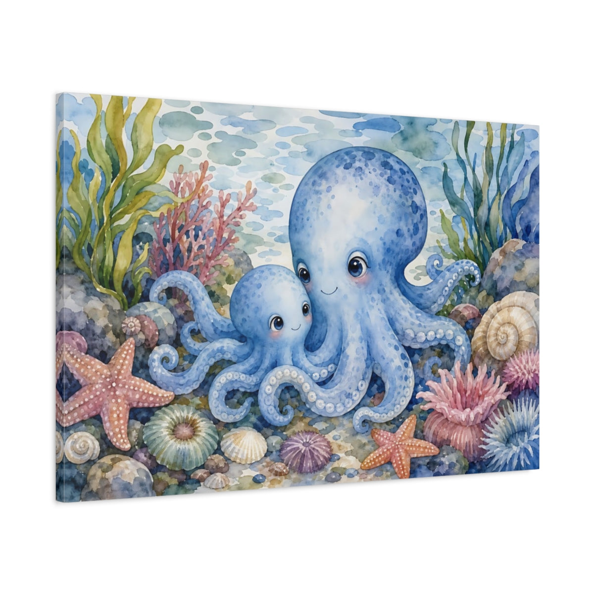 Main Mockup. Soft Nursery Watercolor Blue Octopus Near Tidepool Plants shown as stretched canvas wall art
