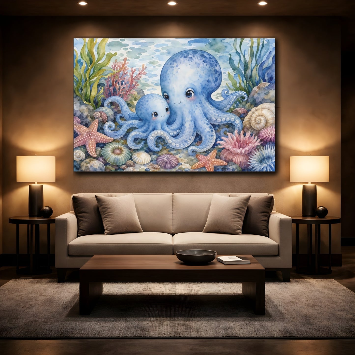 Mockup 2. Soft Nursery Watercolor Blue Octopus Near Tidepool Plants shown as stretched canvas wall art