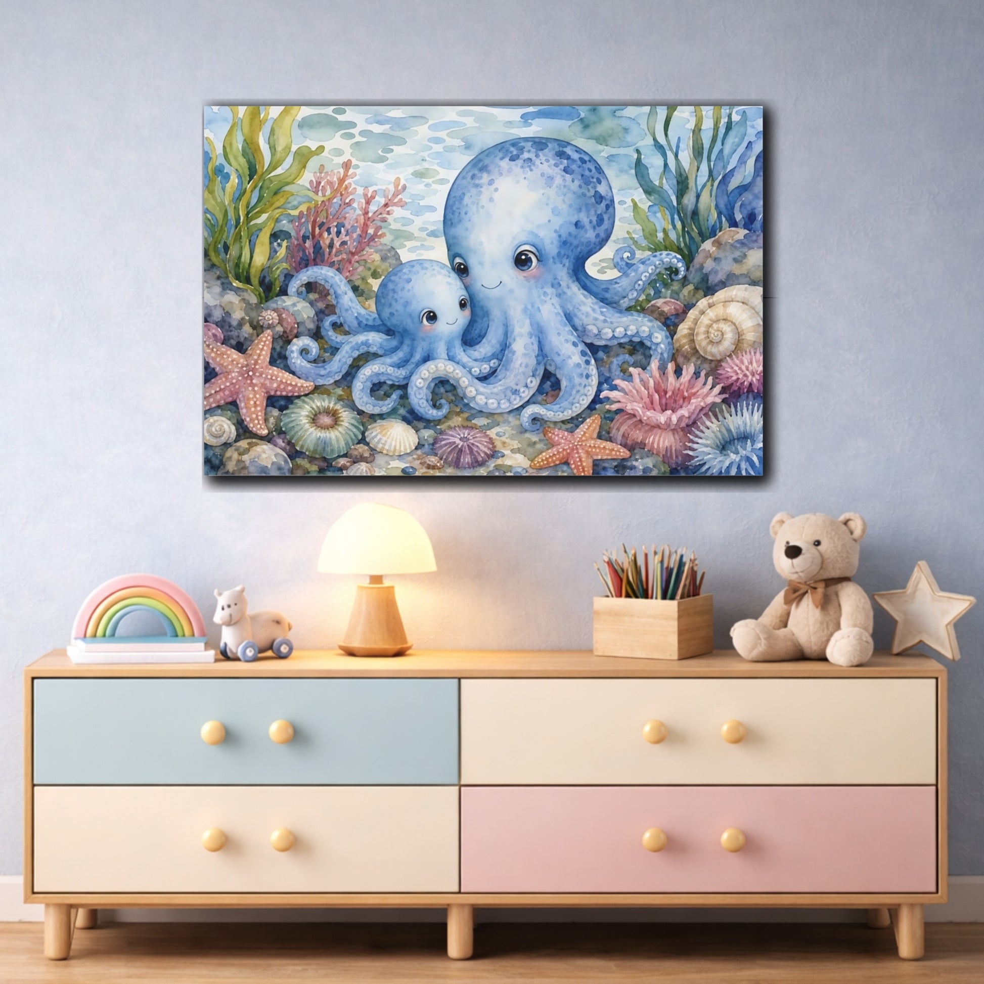 Mockup 3. Soft Nursery Watercolor Blue Octopus Near Tidepool Plants shown as stretched canvas wall art