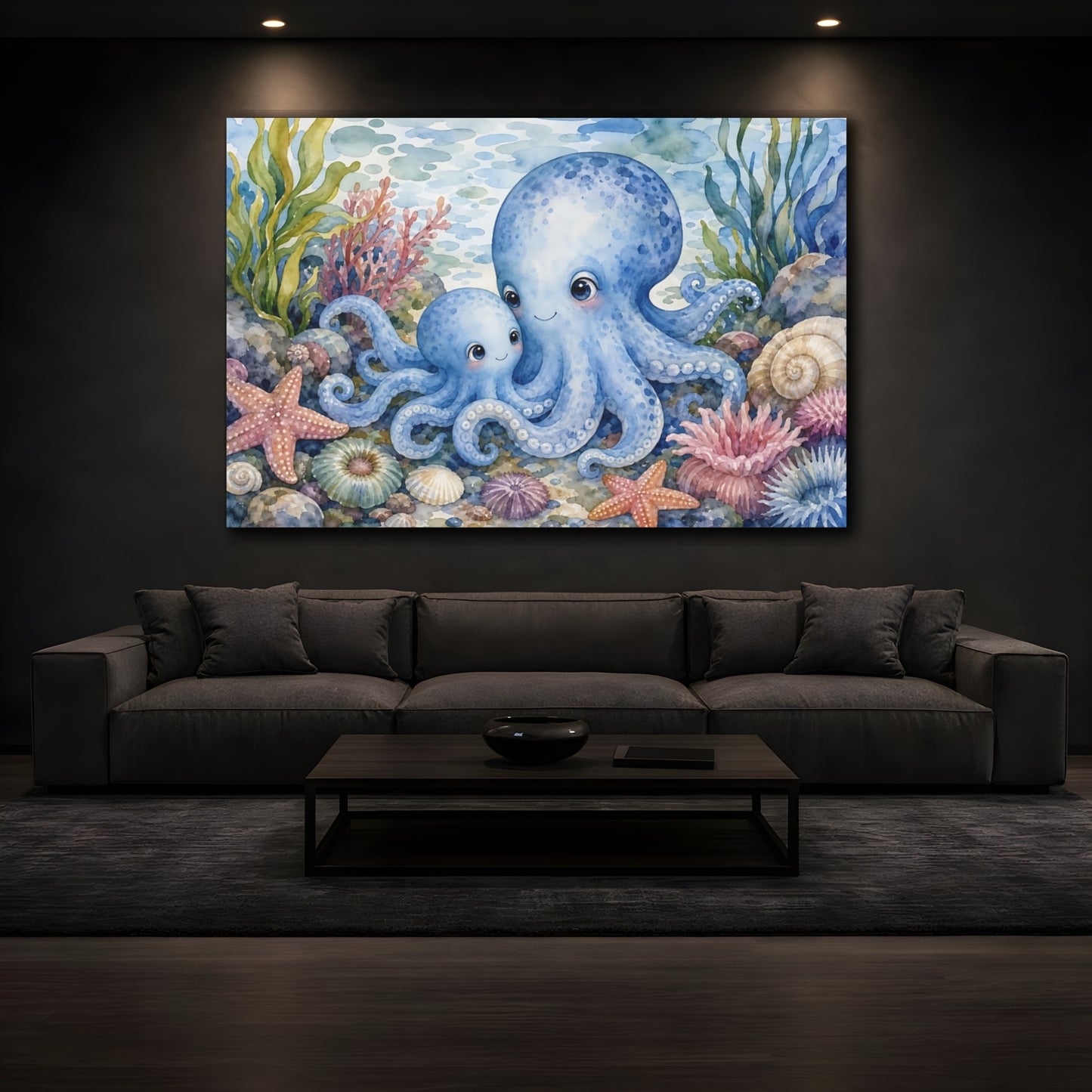 Mockup 4. Soft Nursery Watercolor Blue Octopus Near Tidepool Plants shown as stretched canvas wall art