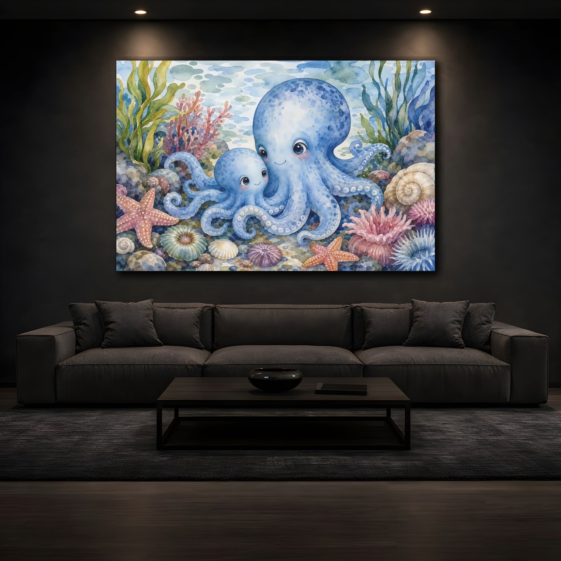 Mockup 4. Soft Nursery Watercolor Blue Octopus Near Tidepool Plants shown as stretched canvas wall art