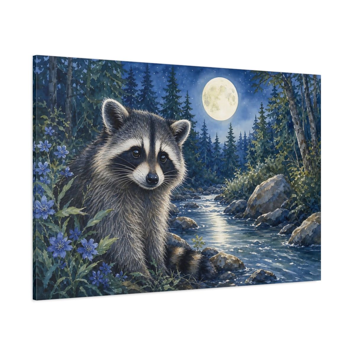 Side Mockup 1. Soft Nursery Watercolor Raccoon Beside Moonlit Forest Stream shown as stretched canvas wall art