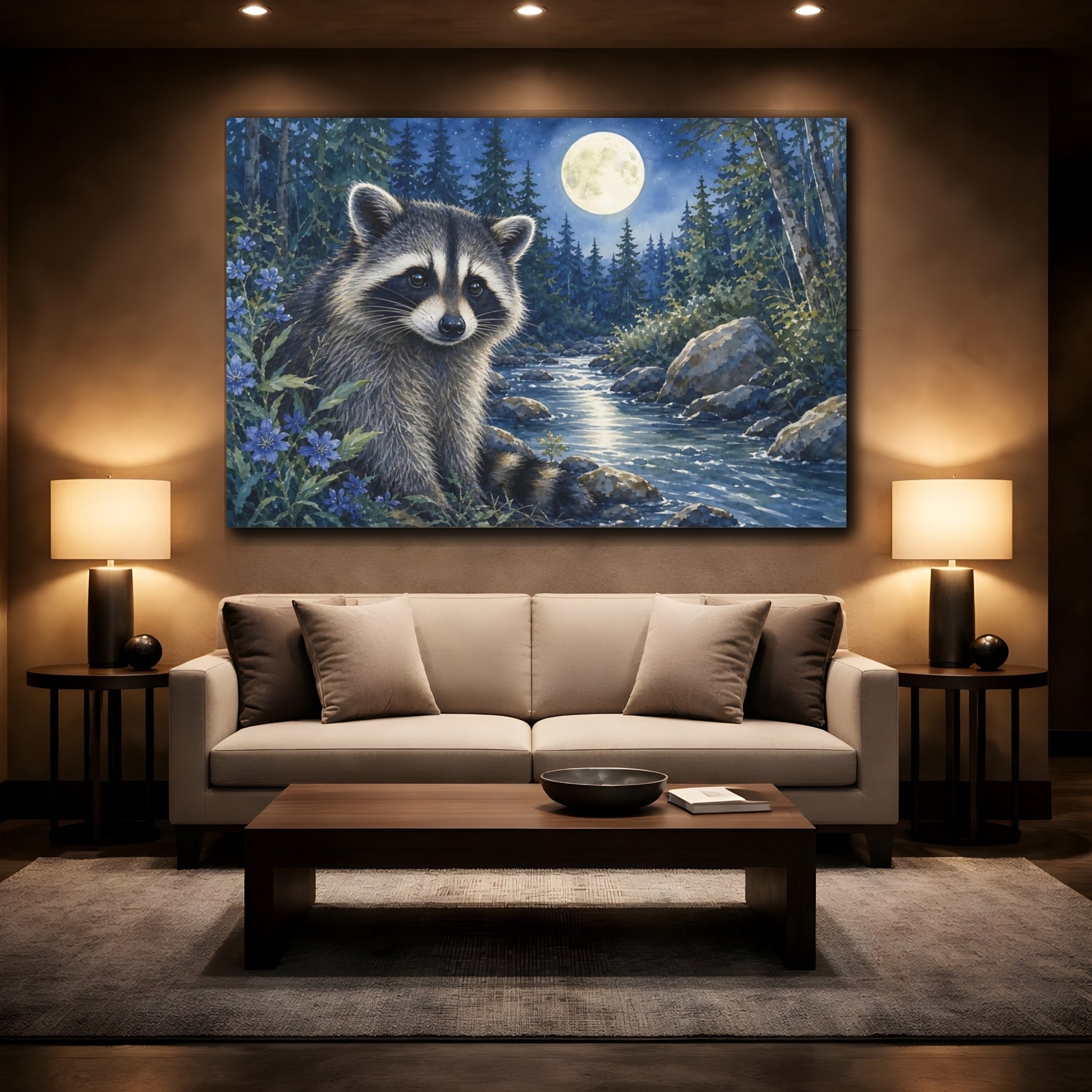 Mockup 2. Soft Nursery Watercolor Raccoon Beside Moonlit Forest Stream shown as stretched canvas wall art