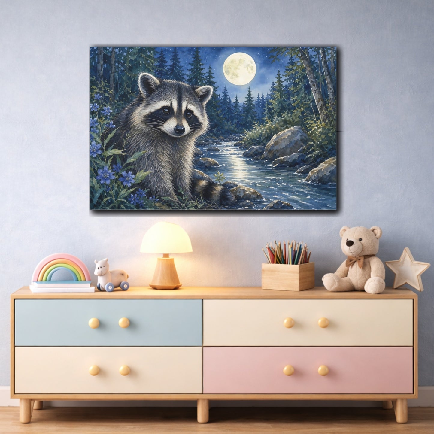 Mockup 3. Soft Nursery Watercolor Raccoon Beside Moonlit Forest Stream shown as stretched canvas wall art
