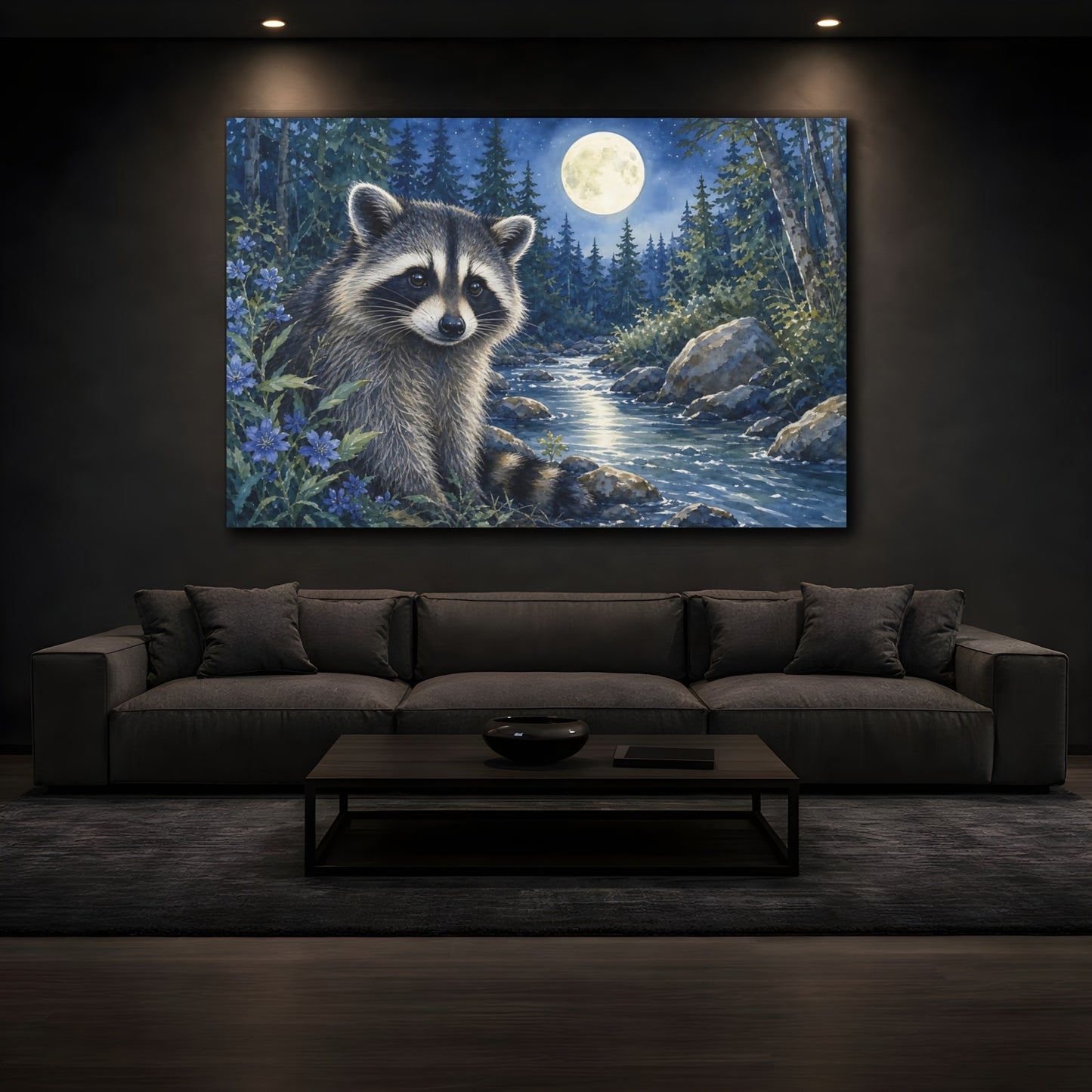 Mockup 4. Soft Nursery Watercolor Raccoon Beside Moonlit Forest Stream shown as stretched canvas wall art