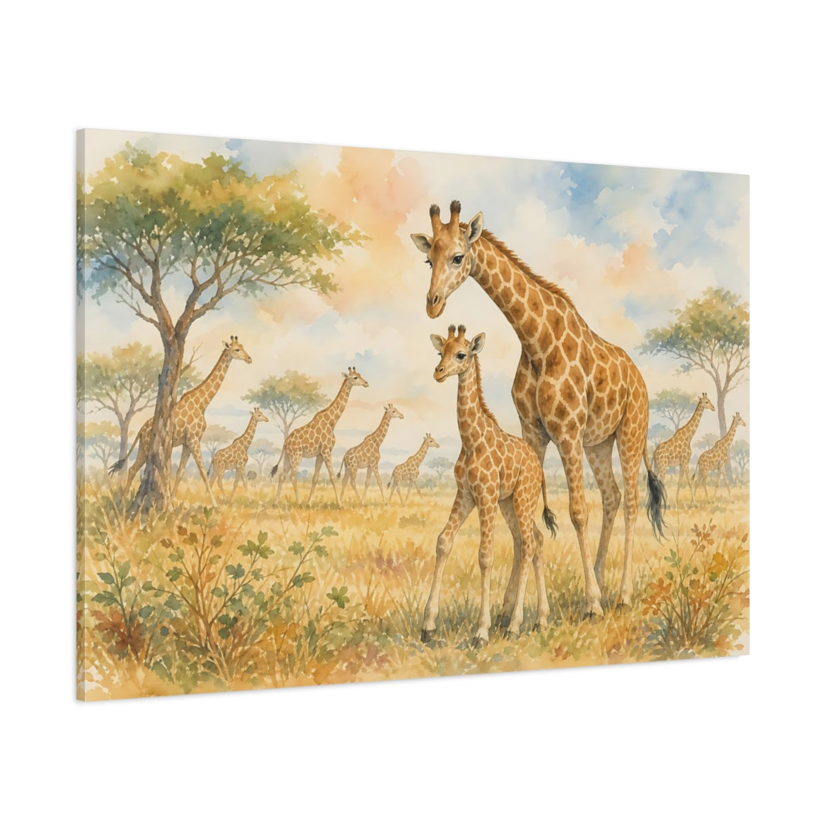 Side Mockup 1. Soft Nursery Watercolor Young Giraffe Beside Mother shown as stretched canvas wall art