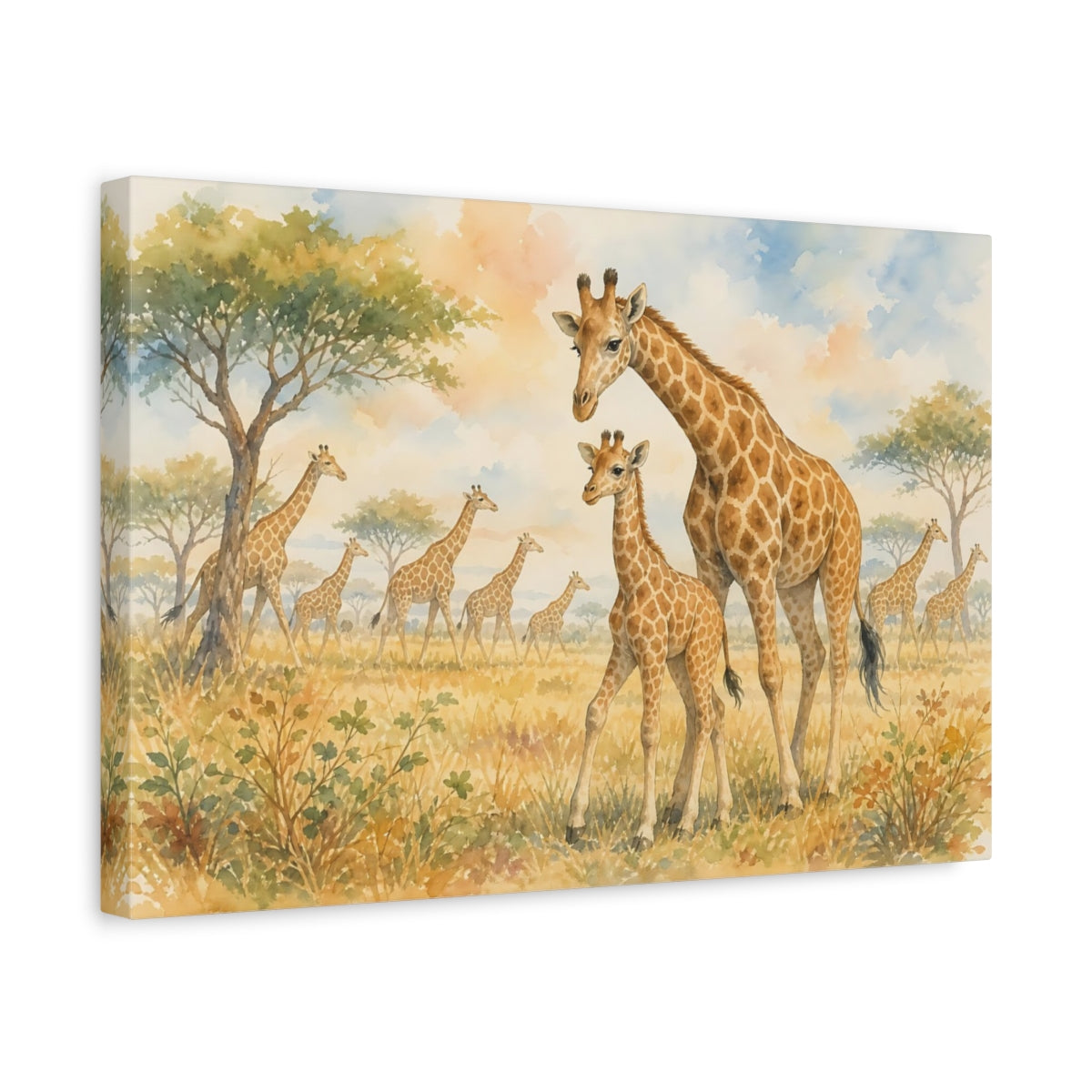 Side Mockup 4. Soft Nursery Watercolor Young Giraffe Beside Mother shown as stretched canvas wall art