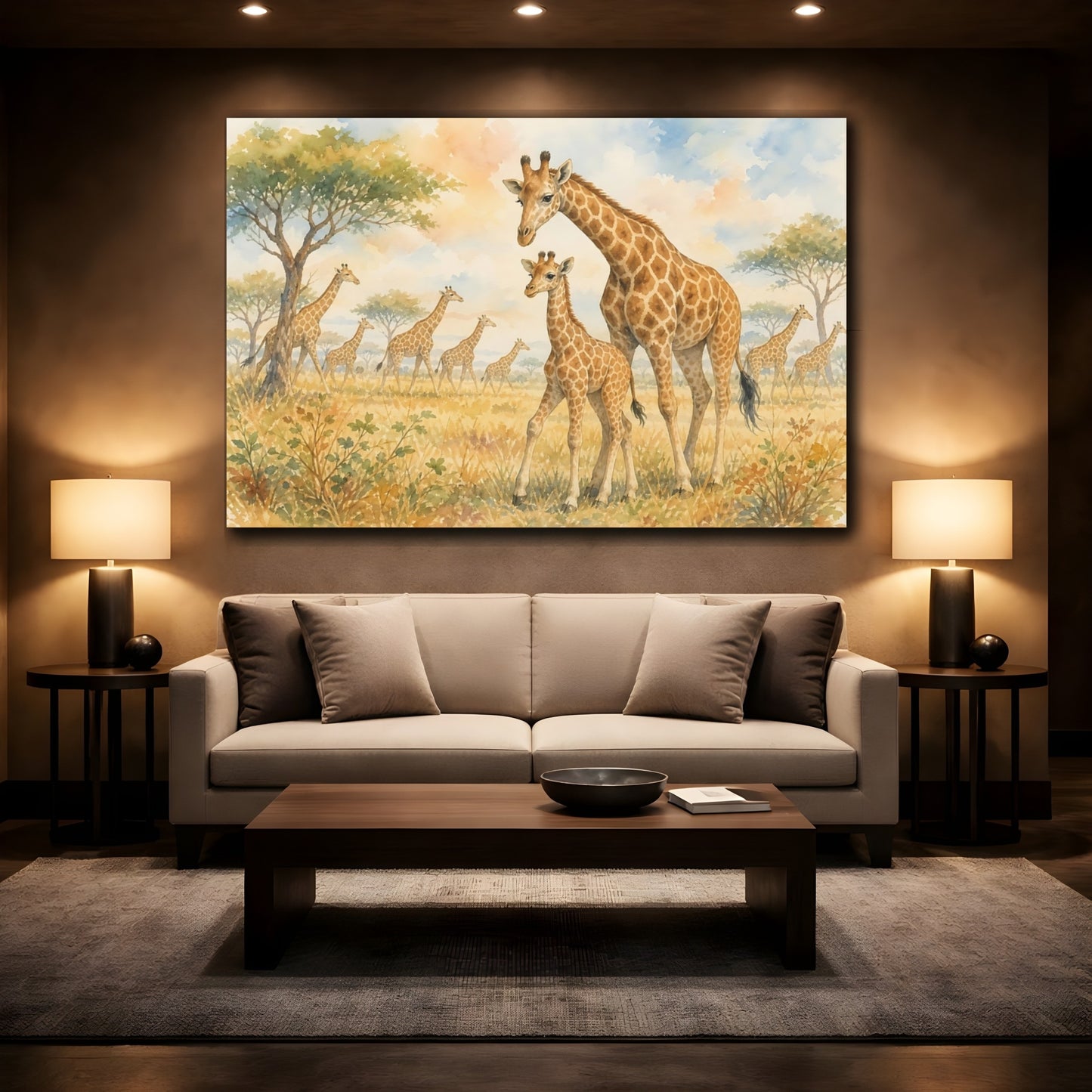 Mockup 2. Soft Nursery Watercolor Young Giraffe Beside Mother shown as stretched canvas wall art