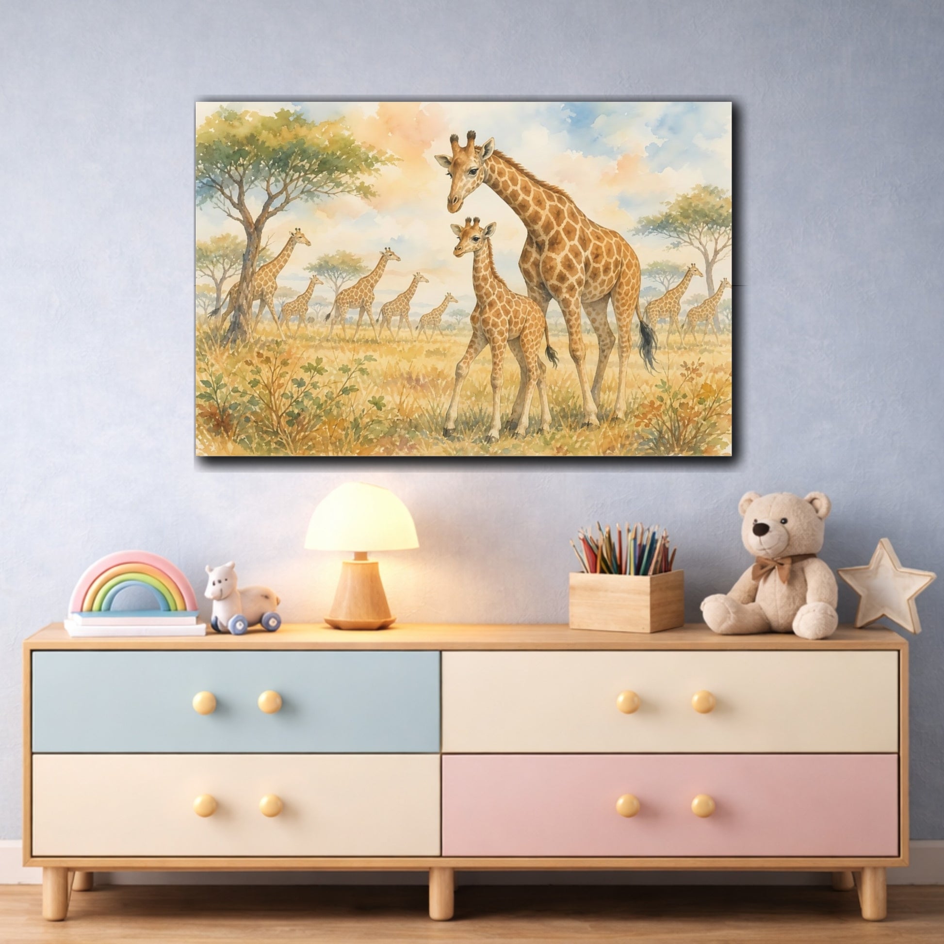 Mockup 3. Soft Nursery Watercolor Young Giraffe Beside Mother shown as stretched canvas wall art