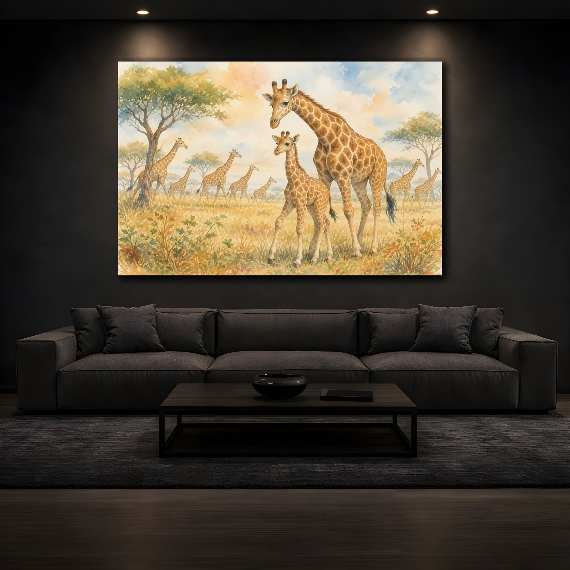 Mockup 4. Soft Nursery Watercolor Young Giraffe Beside Mother shown as stretched canvas wall art