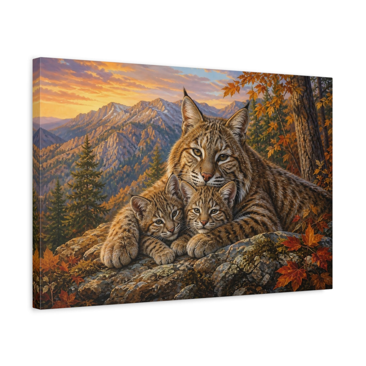 Side Mockup 3. Soft Painterly Realism Bobcat On Rocky Forest Ledge shown as stretched canvas wall art