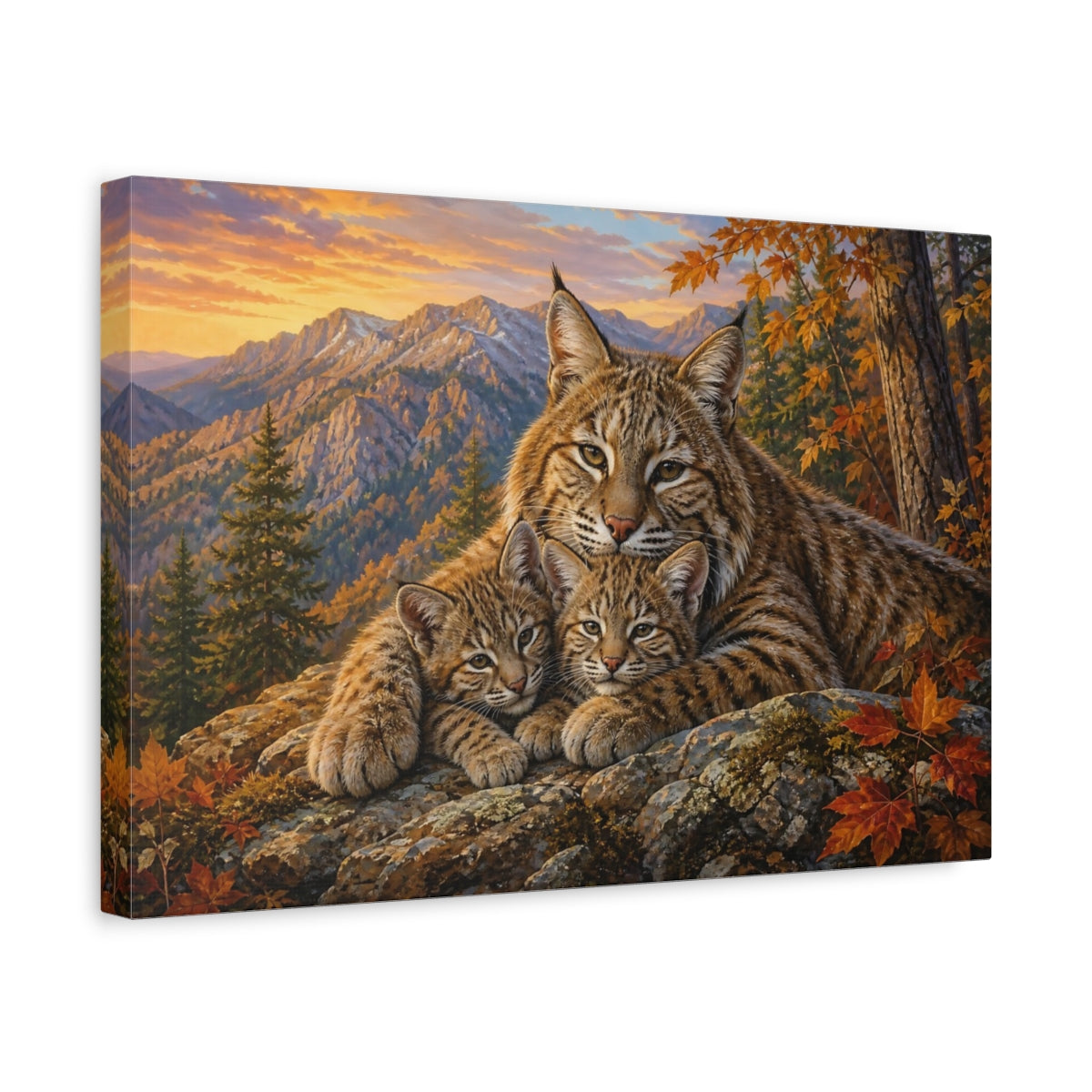Side Mockup 4. Soft Painterly Realism Bobcat On Rocky Forest Ledge shown as stretched canvas wall art