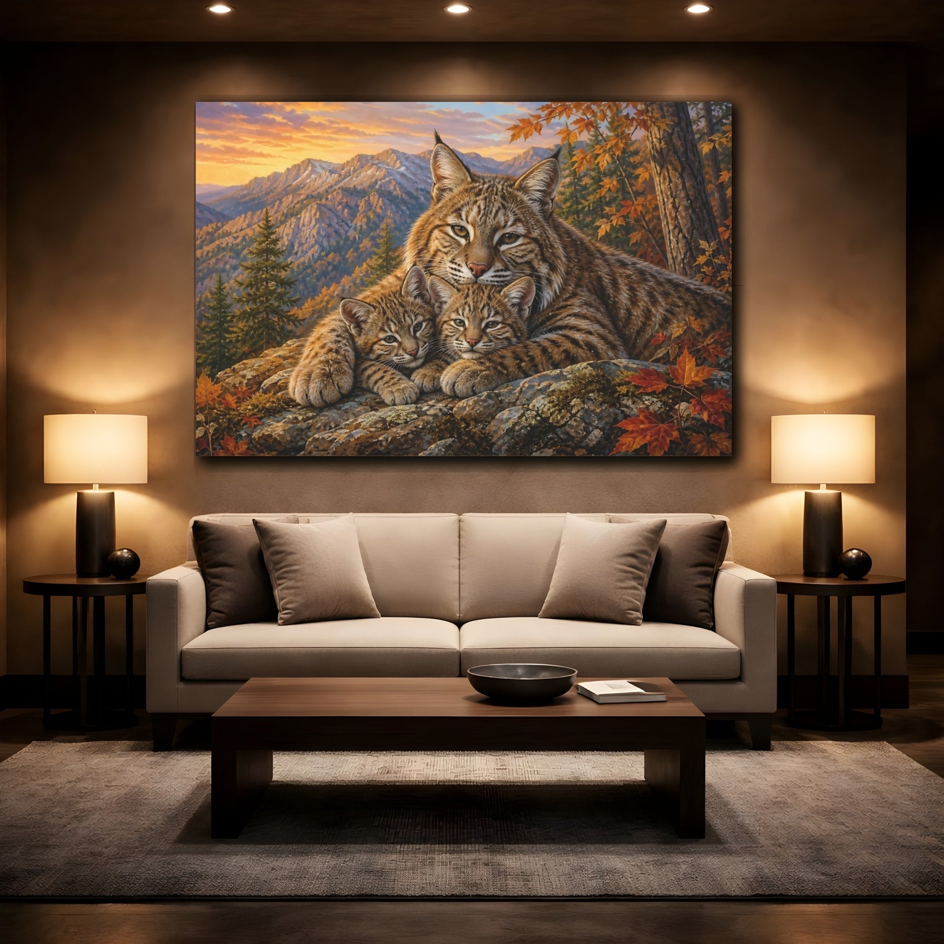 Mockup 2. Soft Painterly Realism Bobcat On Rocky Forest Ledge shown as stretched canvas wall art