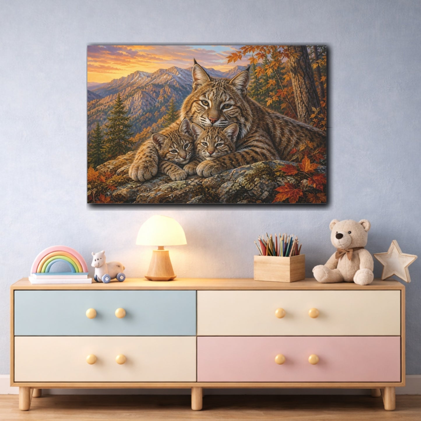 Mockup 3. Soft Painterly Realism Bobcat On Rocky Forest Ledge shown as stretched canvas wall art