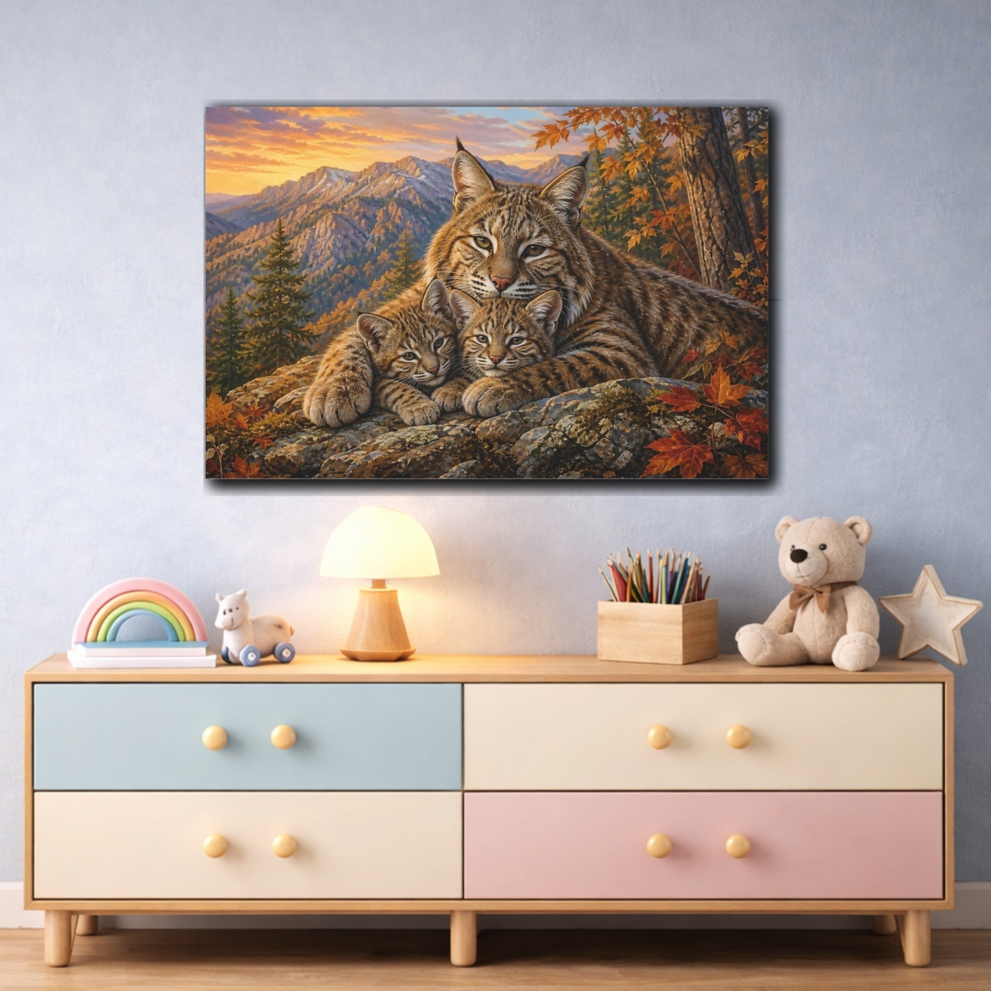 Mockup 3. Soft Painterly Realism Bobcat On Rocky Forest Ledge shown as stretched canvas wall art
