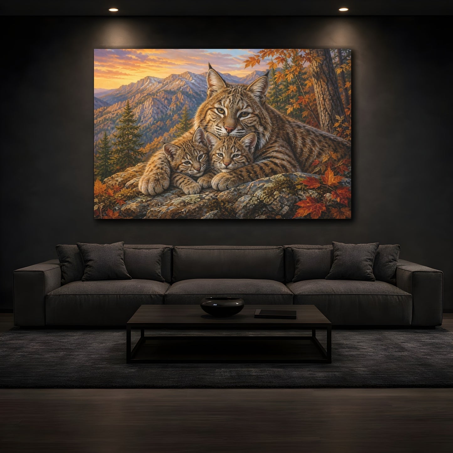 Mockup 4. Soft Painterly Realism Bobcat On Rocky Forest Ledge shown as stretched canvas wall art