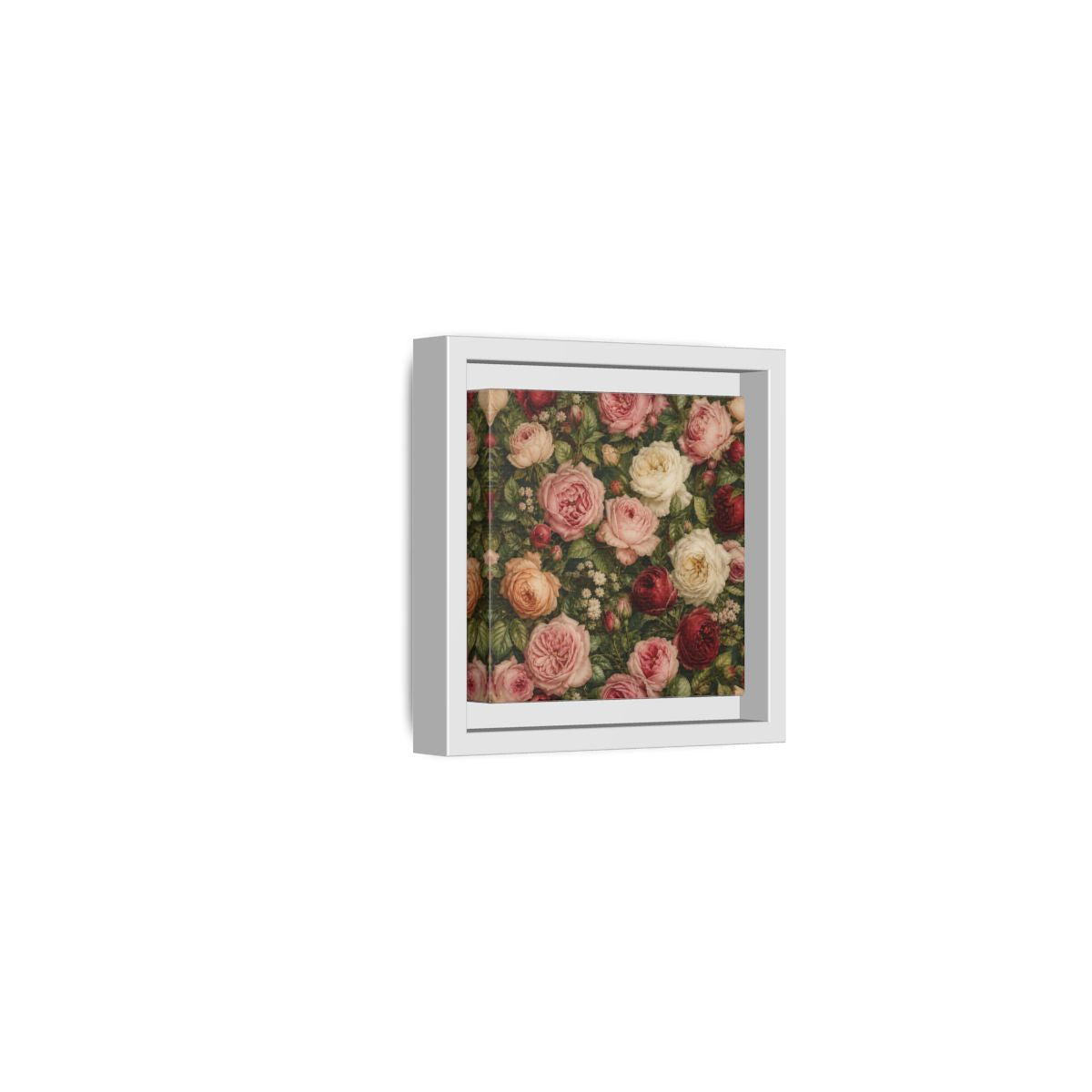 Side Mockup 22. Soft Painterly Realism Garden Roses With Greenery shown as stretched canvas wall art