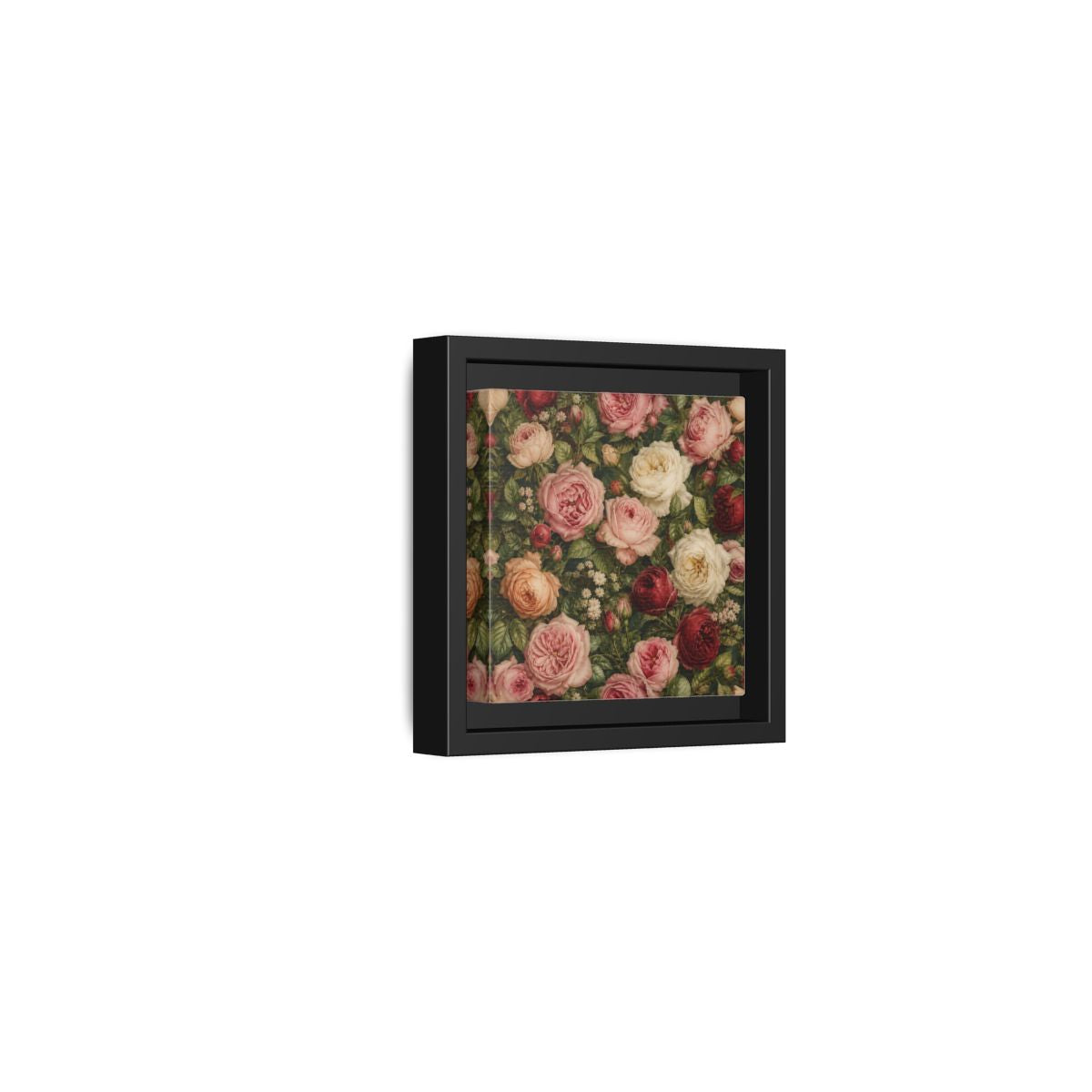 Side Mockup 24. Soft Painterly Realism Garden Roses With Greenery shown as stretched canvas wall art