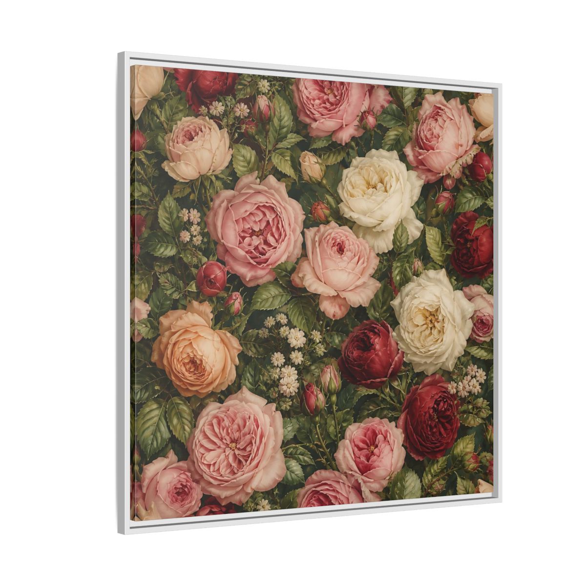 Side Mockup 4. Soft Painterly Realism Garden Roses With Greenery shown as stretched canvas wall art