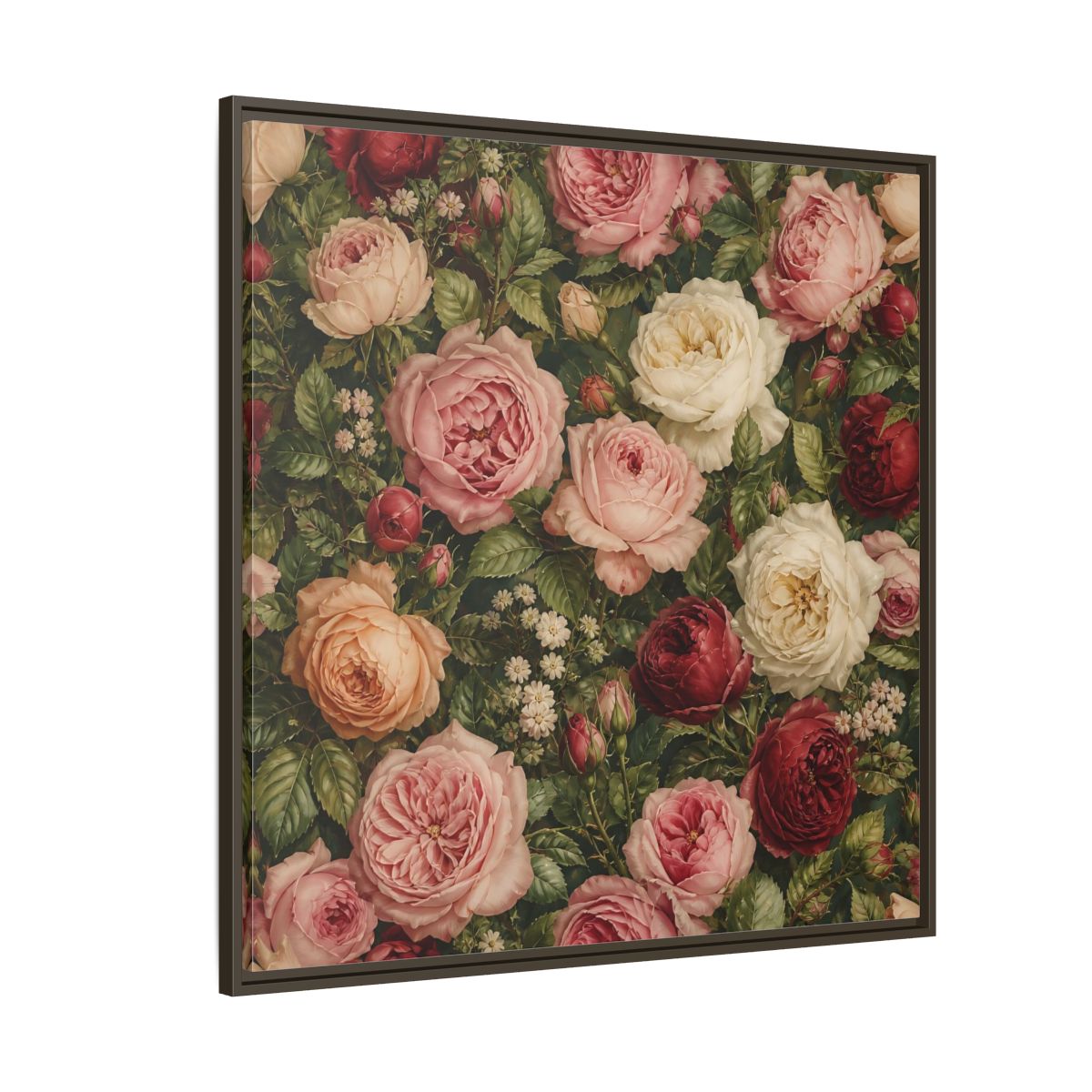 Side Mockup 5. Soft Painterly Realism Garden Roses With Greenery shown as stretched canvas wall art