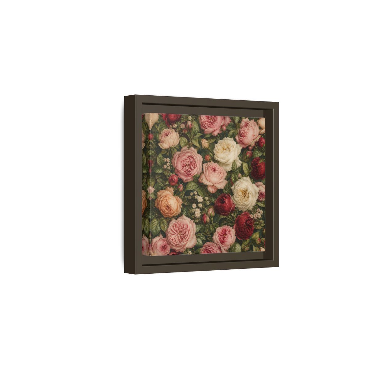 Side Mockup 2. Soft Painterly Realism Garden Roses With Greenery shown as stretched canvas wall art