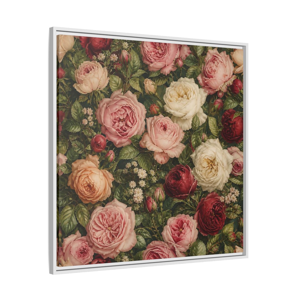 Side Mockup 25. Soft Painterly Realism Garden Roses With Greenery shown as stretched canvas wall art