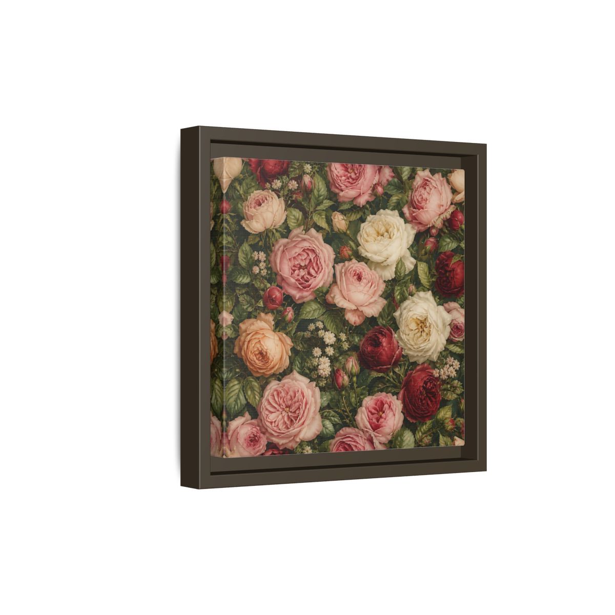 Side Mockup 20. Soft Painterly Realism Garden Roses With Greenery shown as stretched canvas wall art