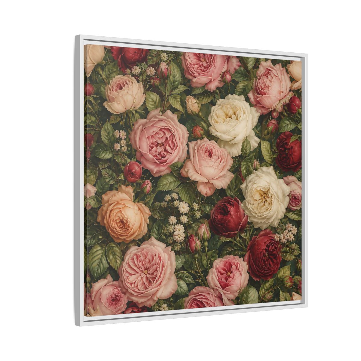 Side Mockup 7. Soft Painterly Realism Garden Roses With Greenery shown as stretched canvas wall art