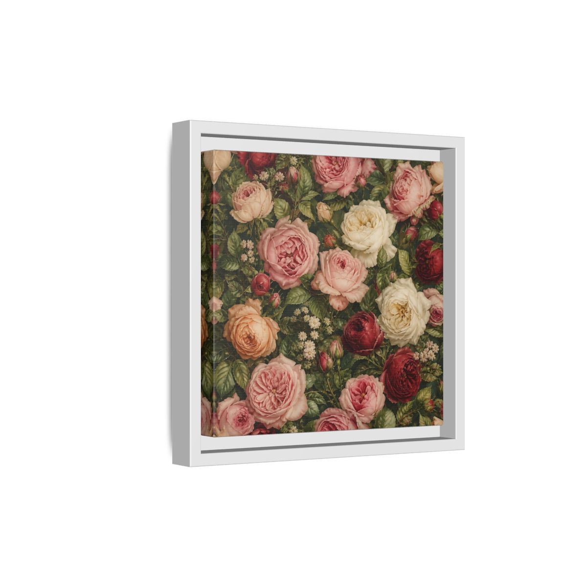 Side Mockup 19. Soft Painterly Realism Garden Roses With Greenery shown as stretched canvas wall art