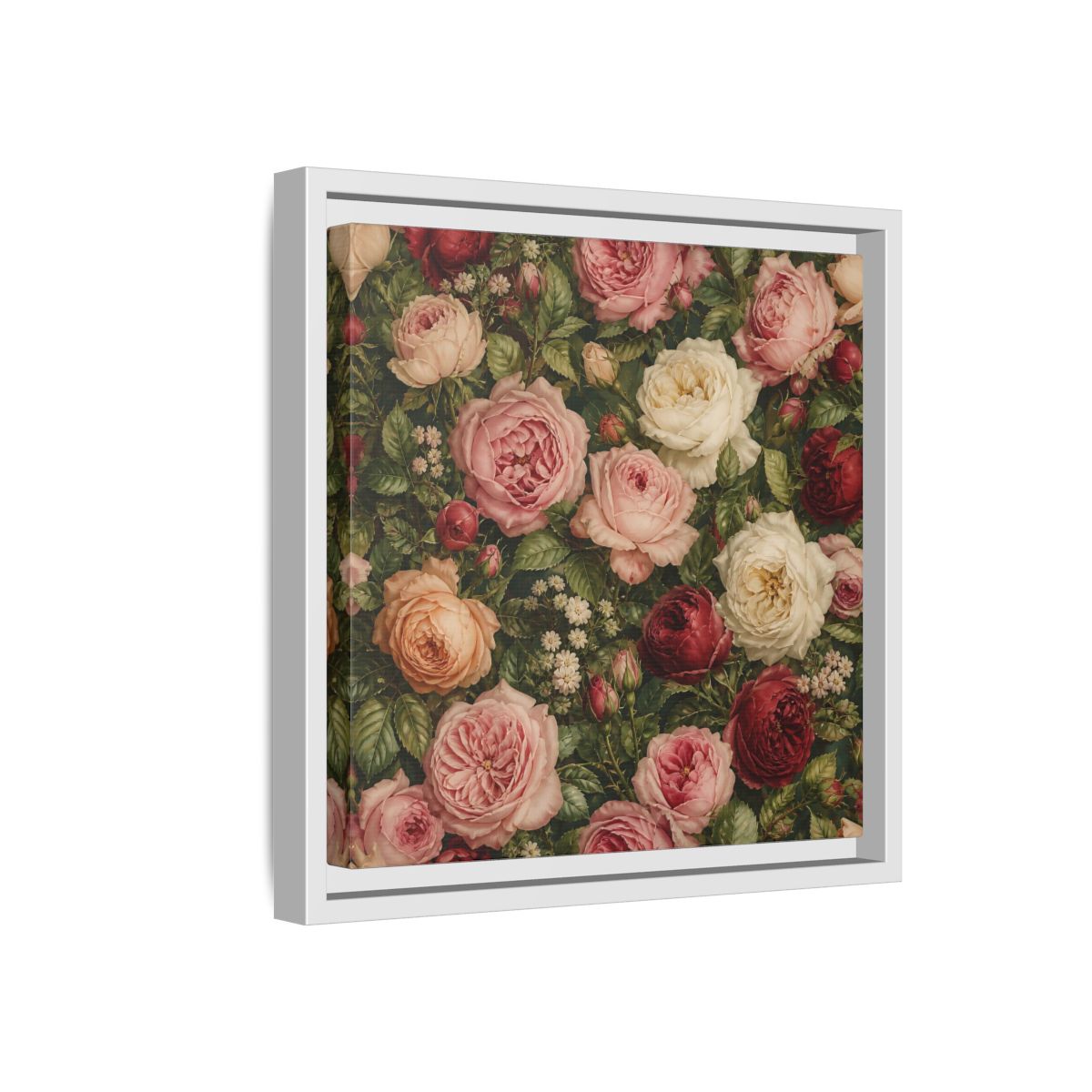 Side Mockup 16. Soft Painterly Realism Garden Roses With Greenery shown as stretched canvas wall art