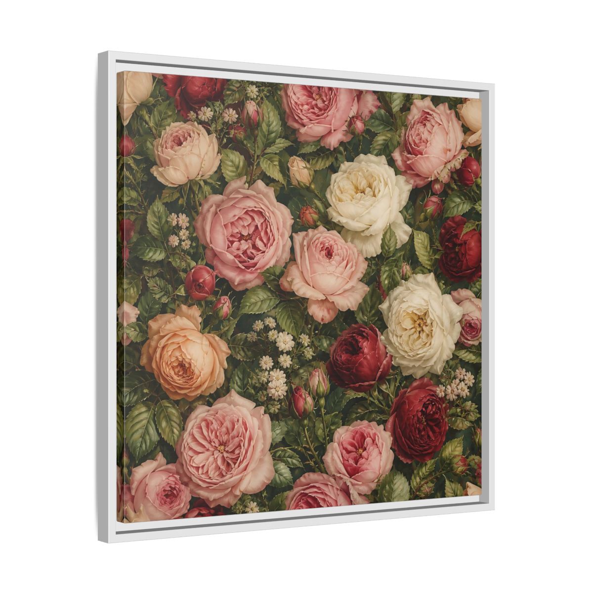 Side Mockup 26. Soft Painterly Realism Garden Roses With Greenery shown as stretched canvas wall art