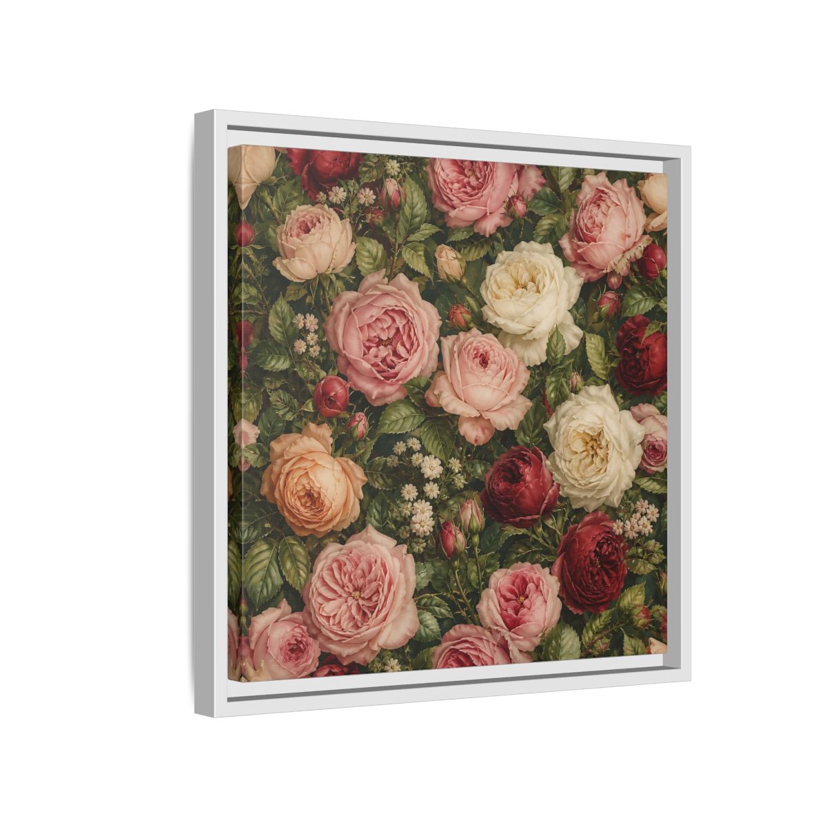 Side Mockup 13. Soft Painterly Realism Garden Roses With Greenery shown as stretched canvas wall art