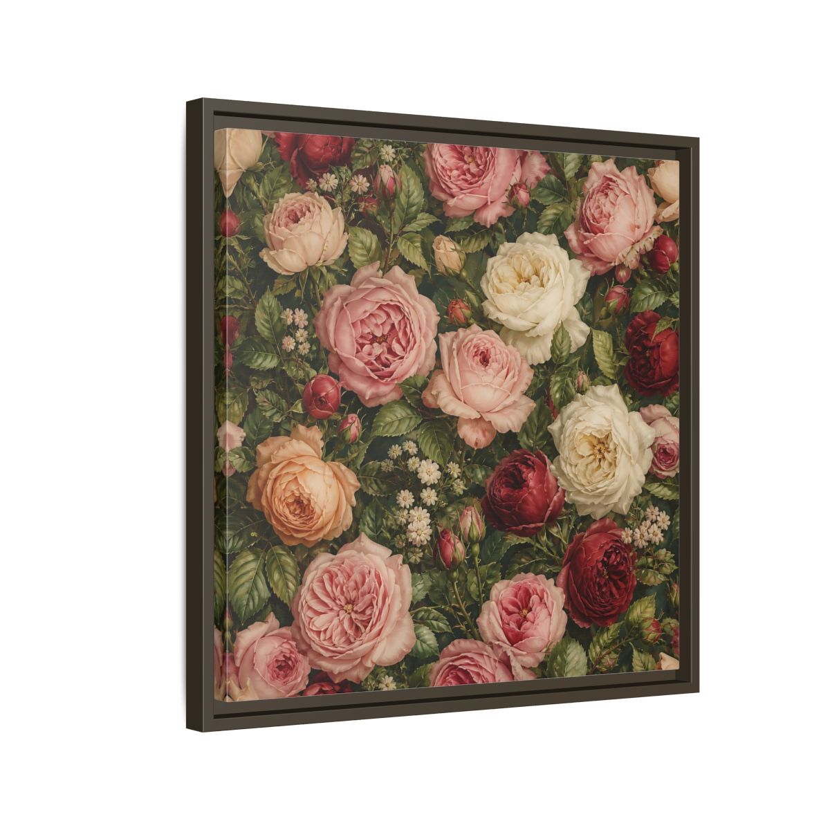 Side Mockup 11. Soft Painterly Realism Garden Roses With Greenery shown as stretched canvas wall art