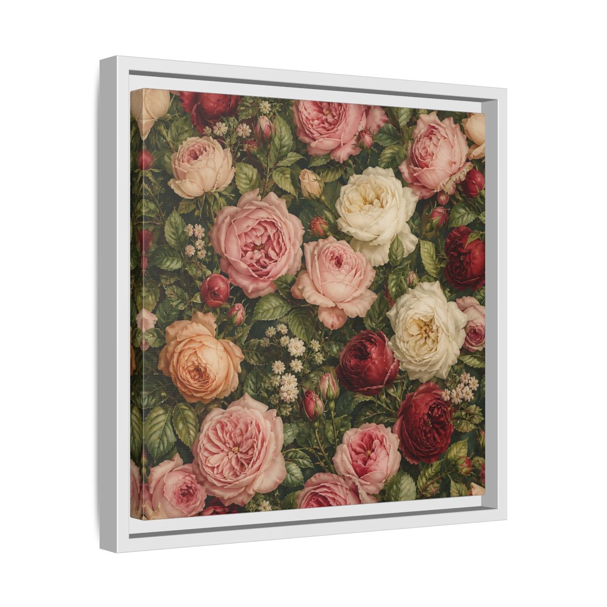 Side Mockup 28. Soft Painterly Realism Garden Roses With Greenery shown as stretched canvas wall art