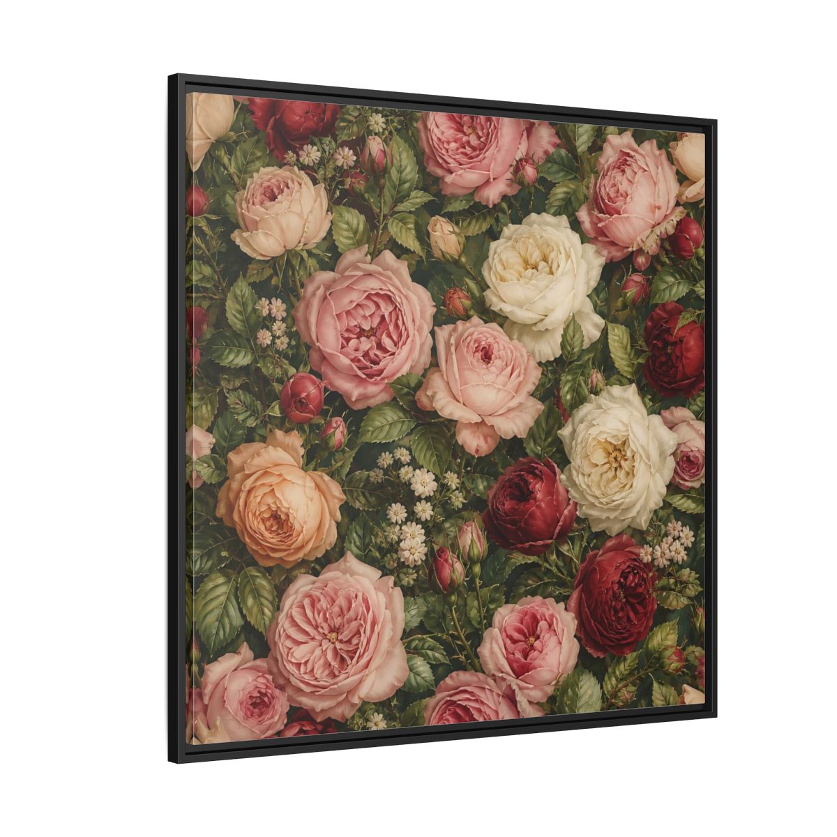 Side Mockup 6. Soft Painterly Realism Garden Roses With Greenery shown as stretched canvas wall art