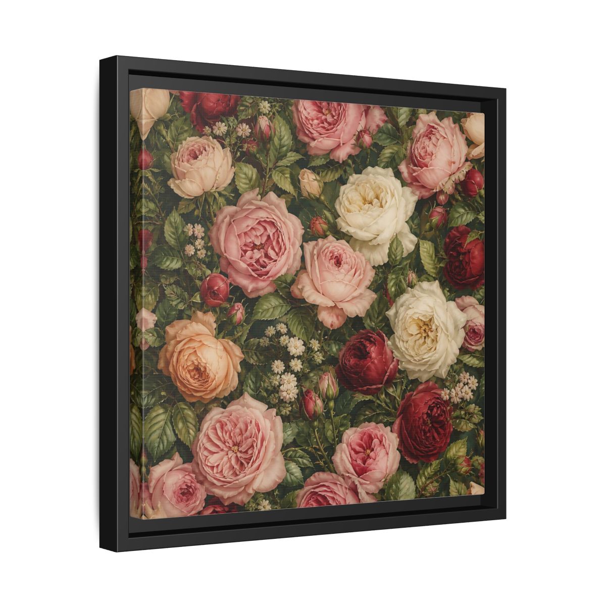 Side Mockup 32. Soft Painterly Realism Garden Roses With Greenery shown as stretched canvas wall art