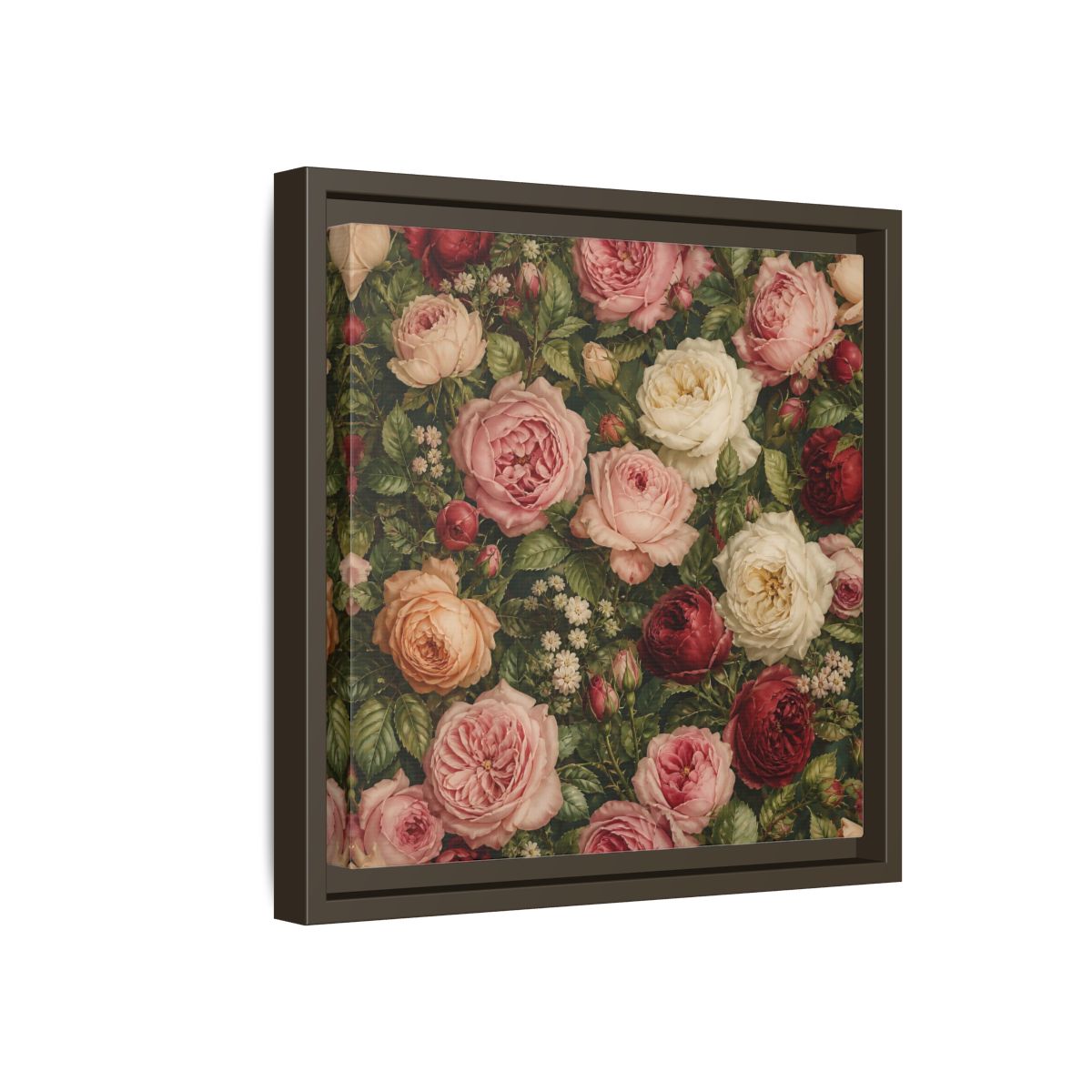 Side Mockup 17. Soft Painterly Realism Garden Roses With Greenery shown as stretched canvas wall art