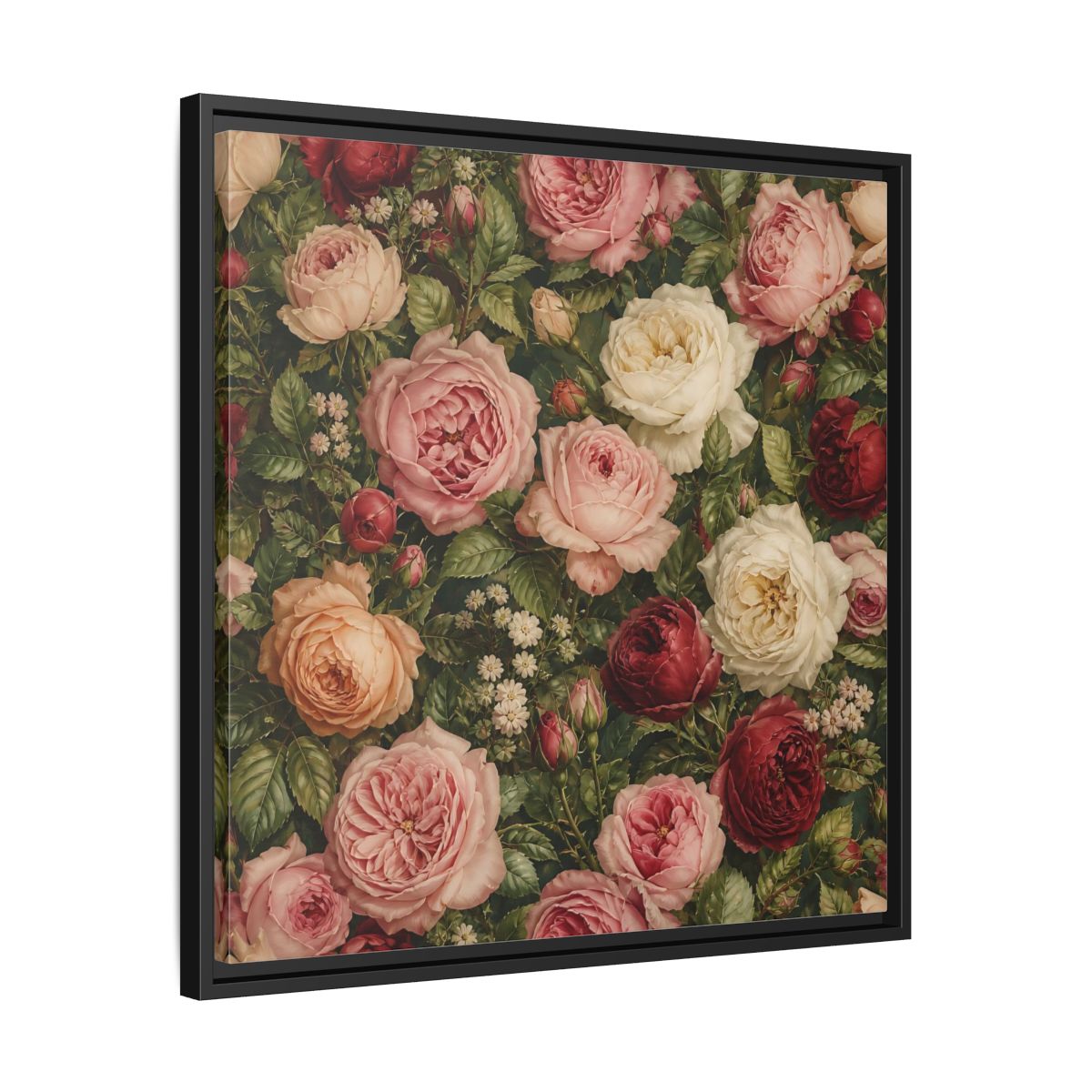 Side Mockup 31. Soft Painterly Realism Garden Roses With Greenery shown as stretched canvas wall art