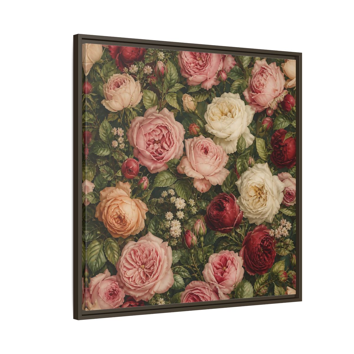 Side Mockup 8. Soft Painterly Realism Garden Roses With Greenery shown as stretched canvas wall art