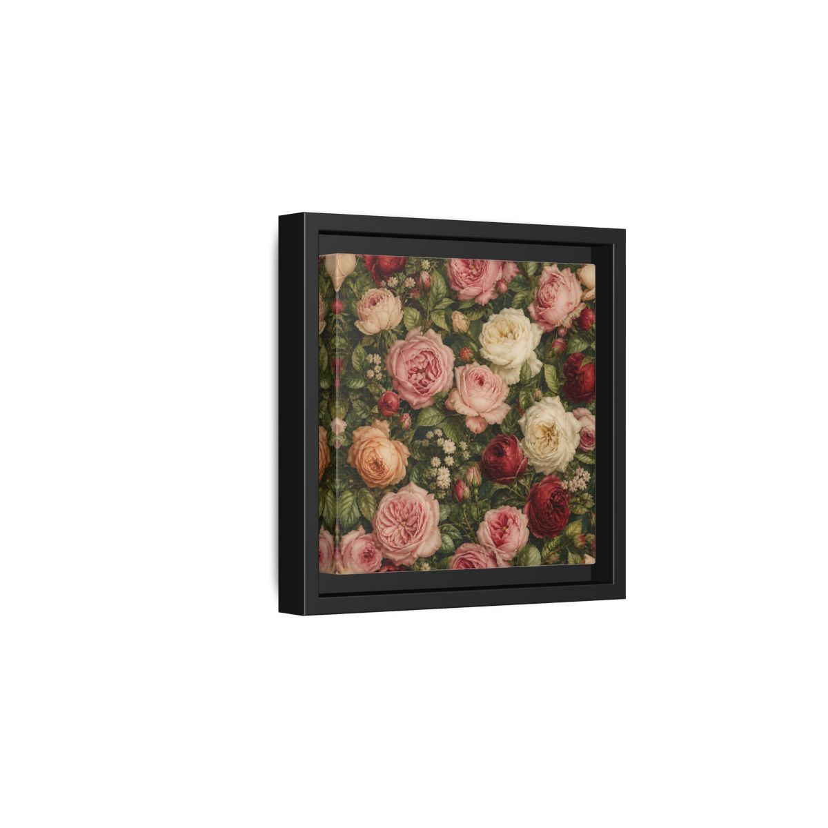 Side Mockup 3. Soft Painterly Realism Garden Roses With Greenery shown as stretched canvas wall art