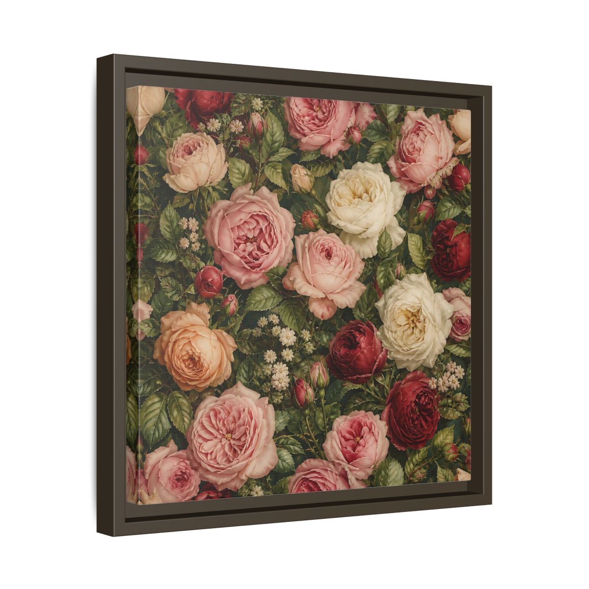 Side Mockup 29. Soft Painterly Realism Garden Roses With Greenery shown as stretched canvas wall art