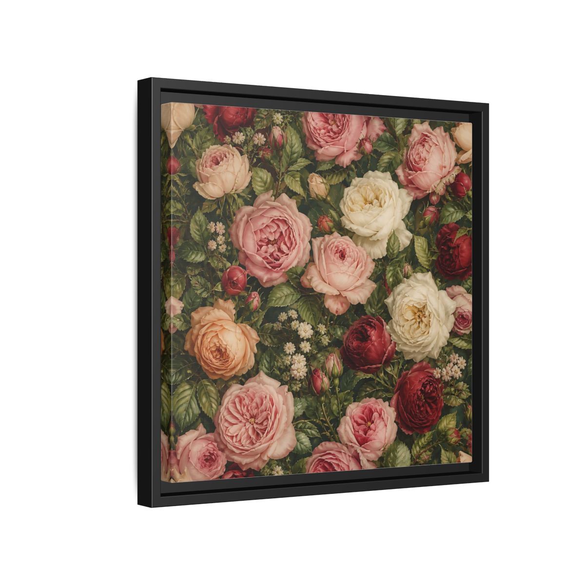 Side Mockup 15. Soft Painterly Realism Garden Roses With Greenery shown as stretched canvas wall art