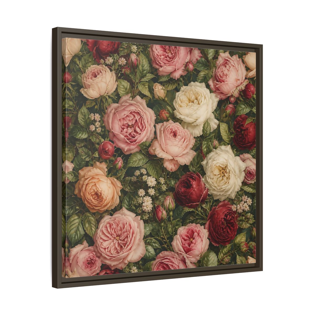 Side Mockup 27. Soft Painterly Realism Garden Roses With Greenery shown as stretched canvas wall art