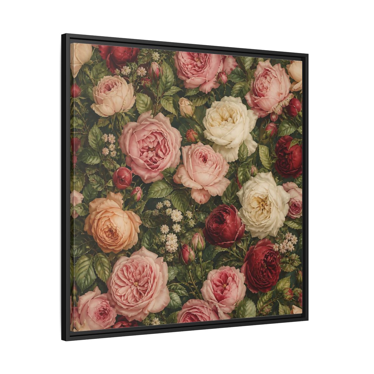 Side Mockup 30. Soft Painterly Realism Garden Roses With Greenery shown as stretched canvas wall art