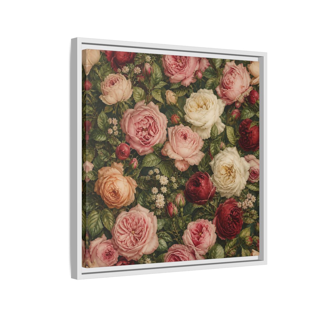 Side Mockup 10. Soft Painterly Realism Garden Roses With Greenery shown as stretched canvas wall art