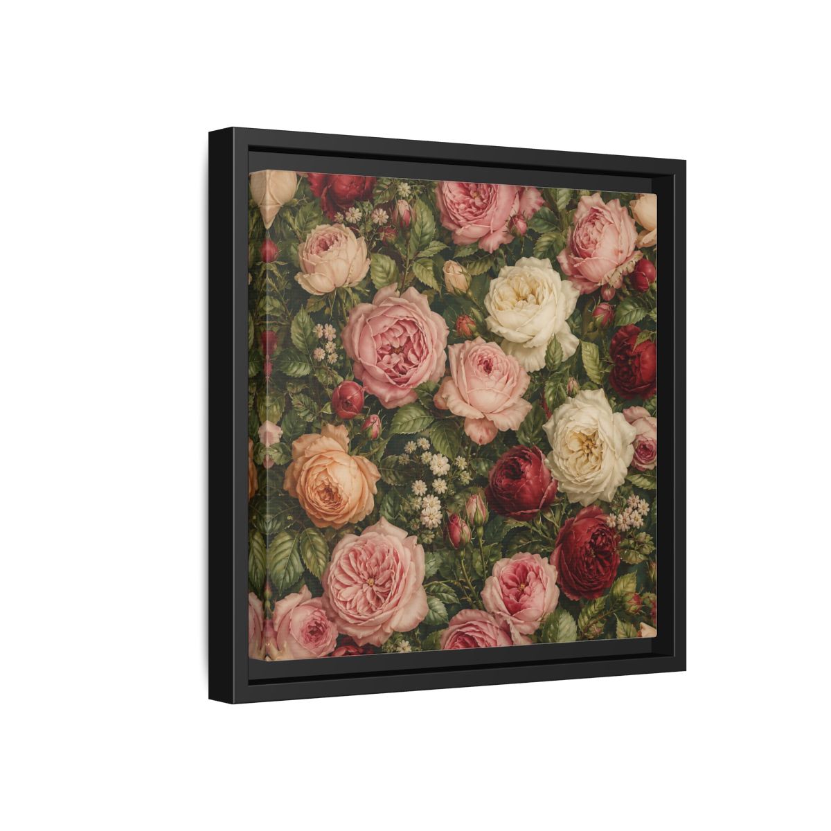 Side Mockup 18. Soft Painterly Realism Garden Roses With Greenery shown as stretched canvas wall art