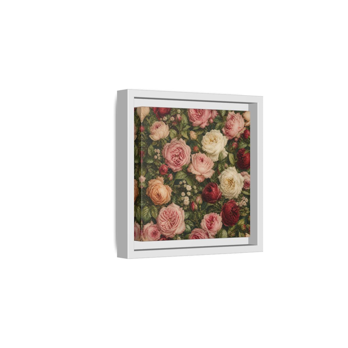 Side Mockup 1. Soft Painterly Realism Garden Roses With Greenery shown as stretched canvas wall art