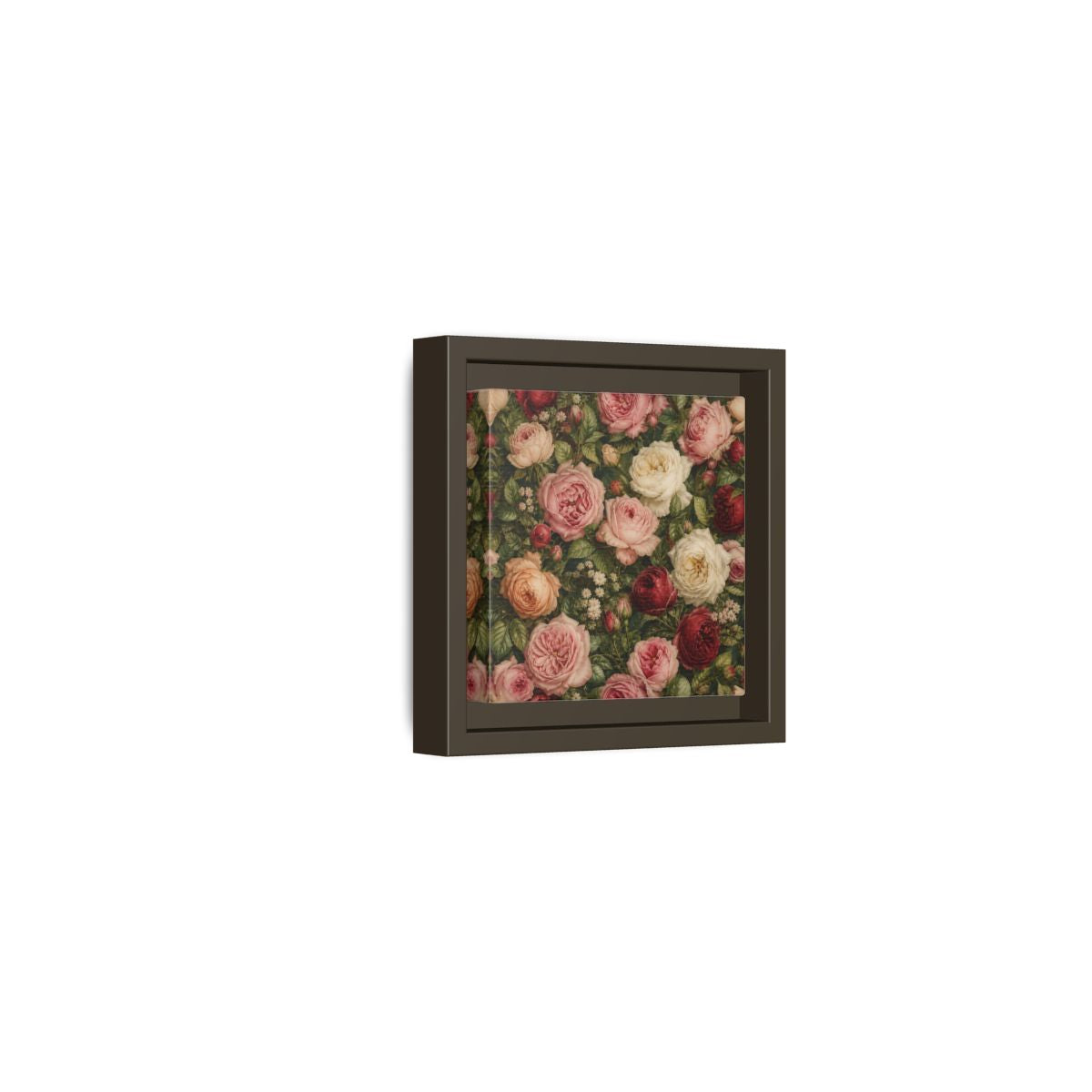 Side Mockup 23. Soft Painterly Realism Garden Roses With Greenery shown as stretched canvas wall art