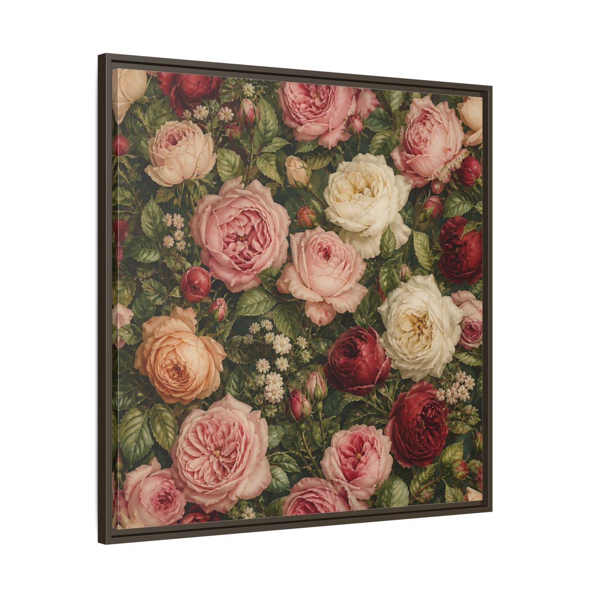 Main Mockup. Soft Painterly Realism Garden Roses With Greenery shown as stretched canvas wall art