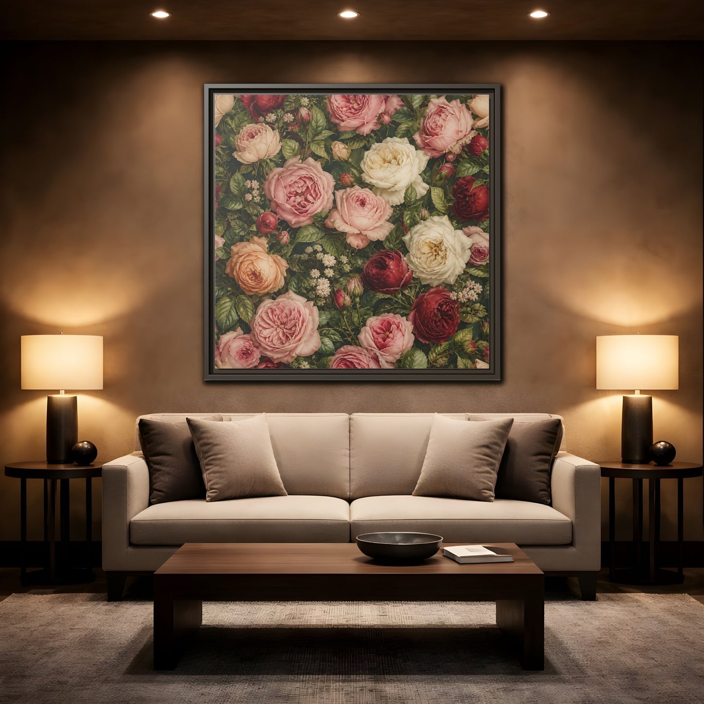 Mockup 2. Soft Painterly Realism Garden Roses With Greenery shown as stretched canvas wall art